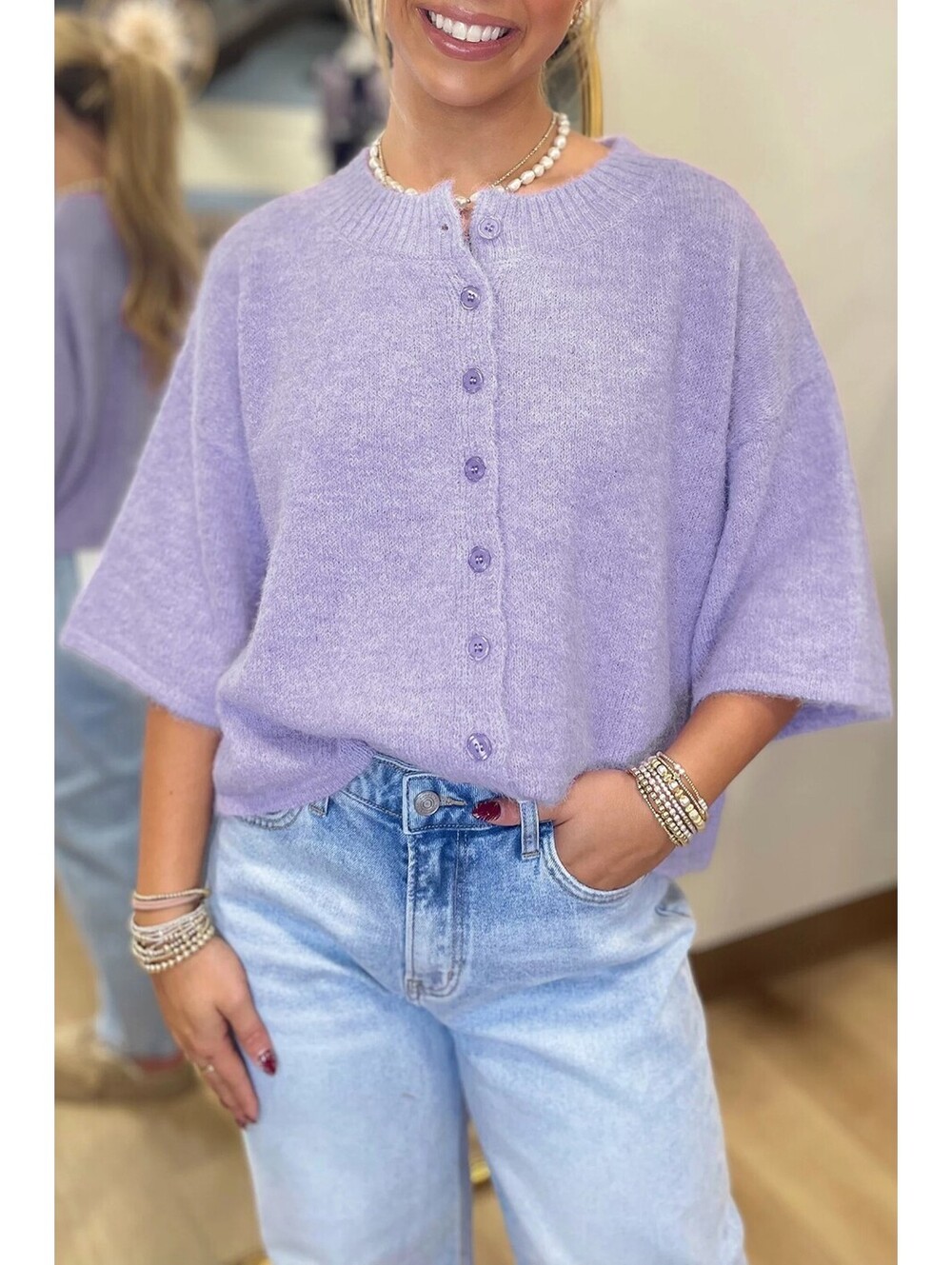 Lavender Purple Short Sleeve Button-Up Cardigan Sweater